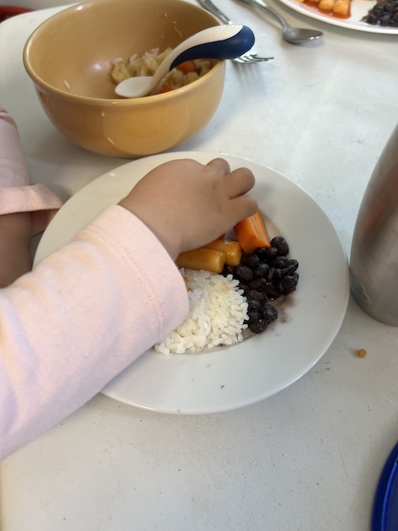 Baby hand reaching for Korean rice cake